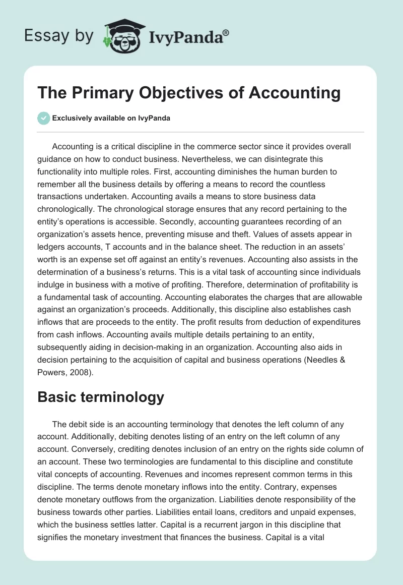 The Primary Objectives of Accounting. Page 1