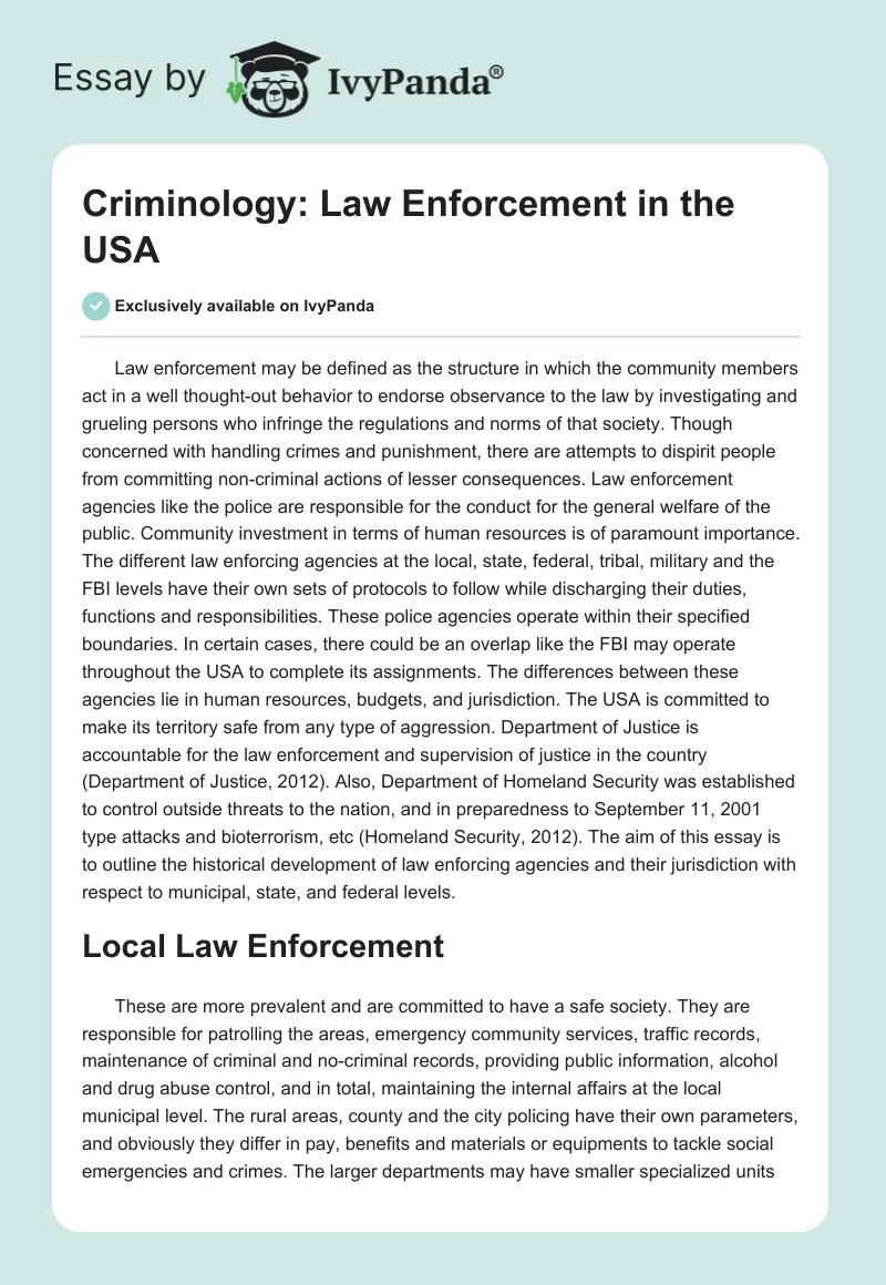Criminology: Law Enforcement in the USA. Page 1
