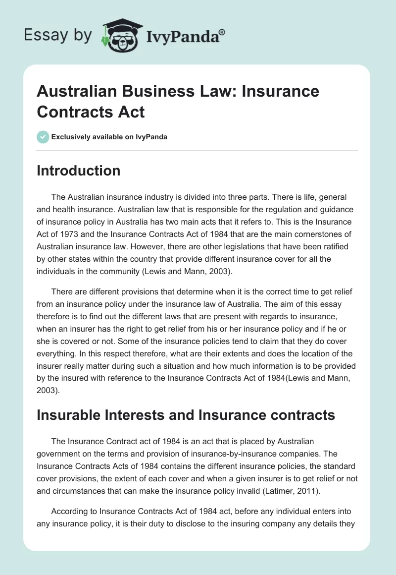 Australian Business Law: Insurance Contracts Act. Page 1