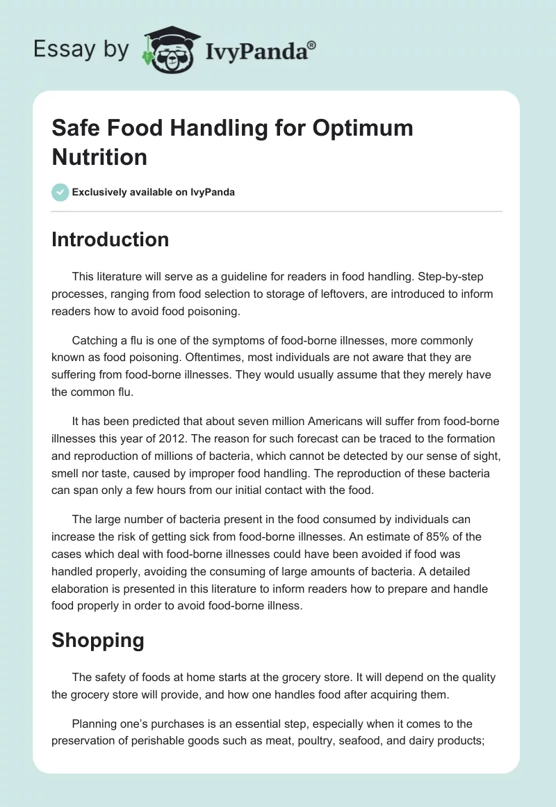 Safe Food Handling for Optimum Nutrition. Page 1
