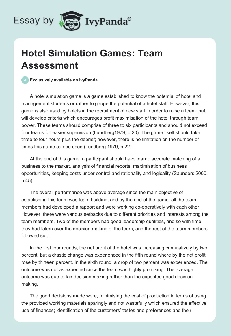 Hotel Simulation Games: Team Assessment. Page 1