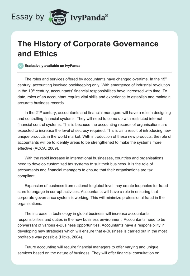 The History of Corporate Governance and Ethics. Page 1