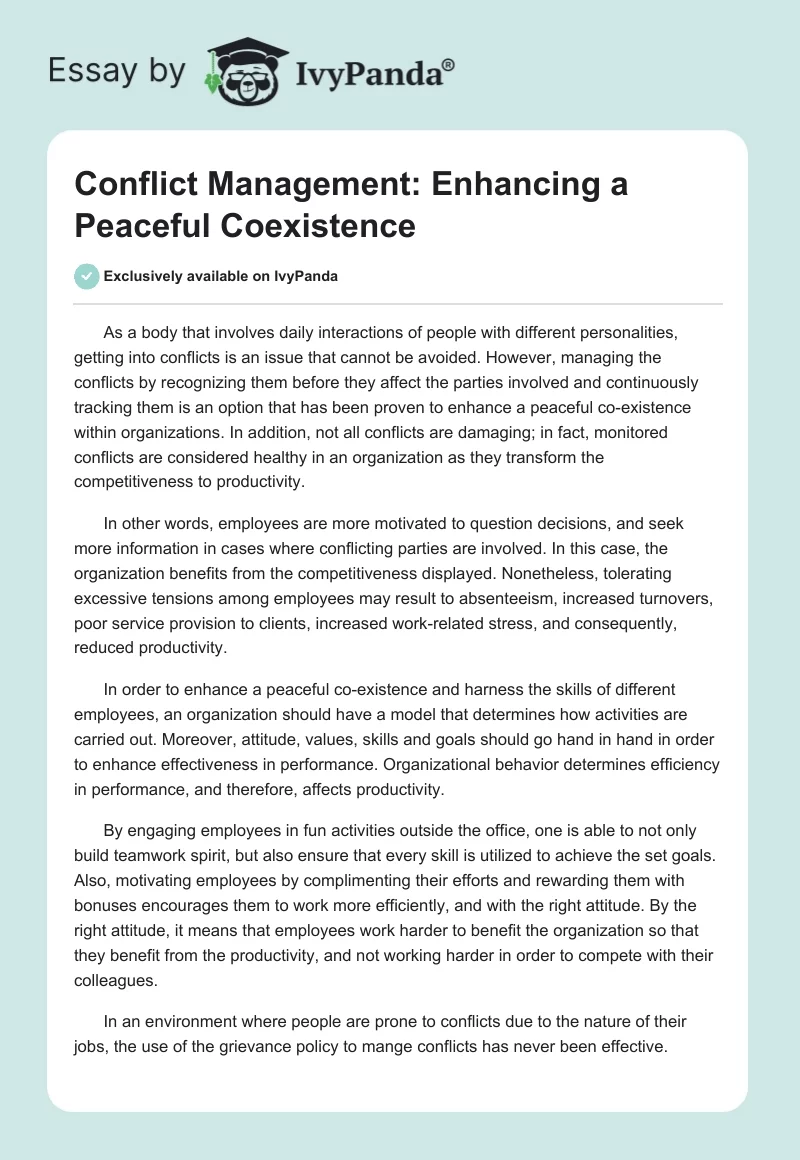 Conflict Management: Enhancing a Peaceful Coexistence. Page 1