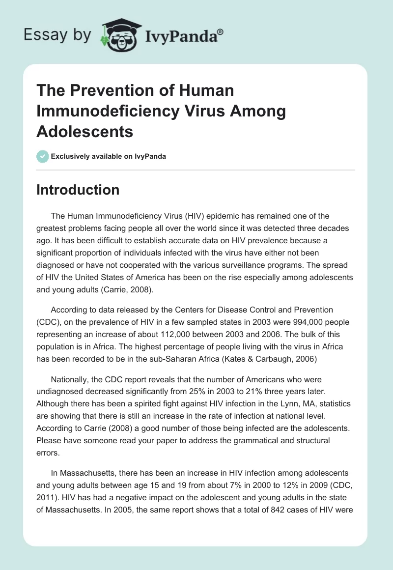 The Prevention of Human Immunodeficiency Virus Among Adolescents. Page 1