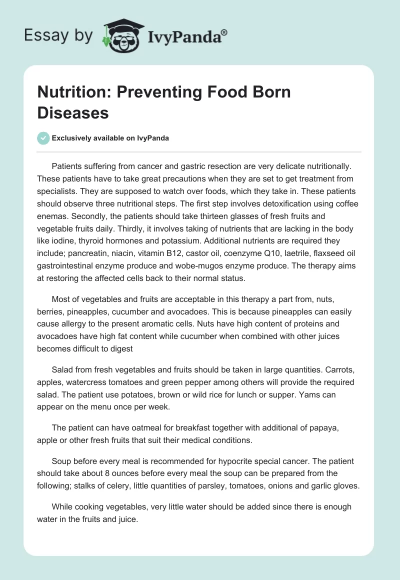 Nutrition: Preventing Food Born Diseases. Page 1