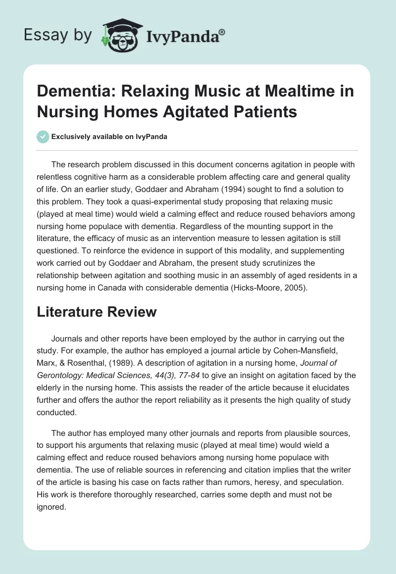 Dementia: Relaxing Music at Mealtime in Nursing Homes Agitated Patients. Page 1