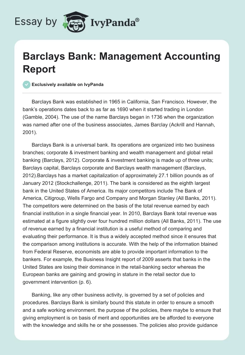 Barclays Bank: Management Accounting Report. Page 1
