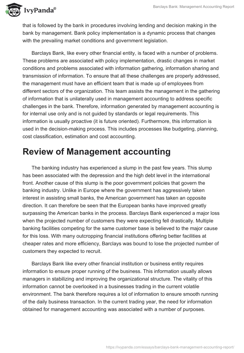 Barclays Bank: Management Accounting Report. Page 2