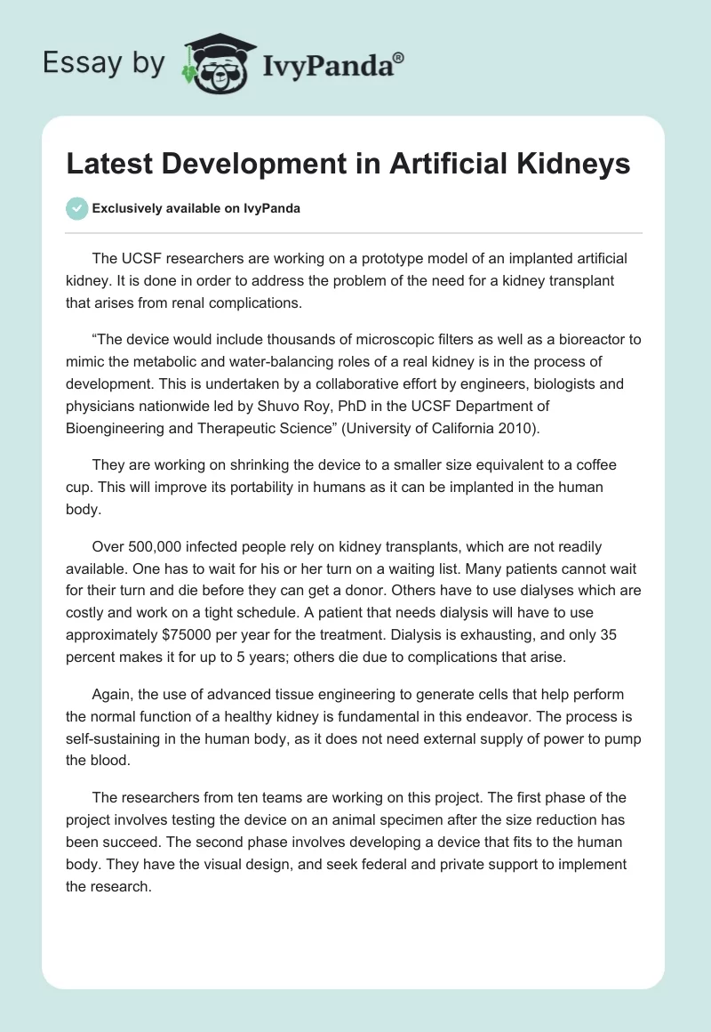 Latest Development in Artificial Kidneys. Page 1