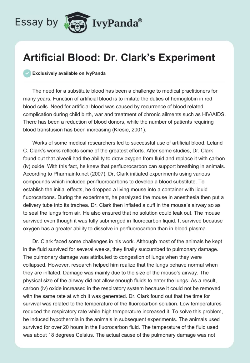 Artificial Blood: Dr. Clark’s Experiment. Page 1