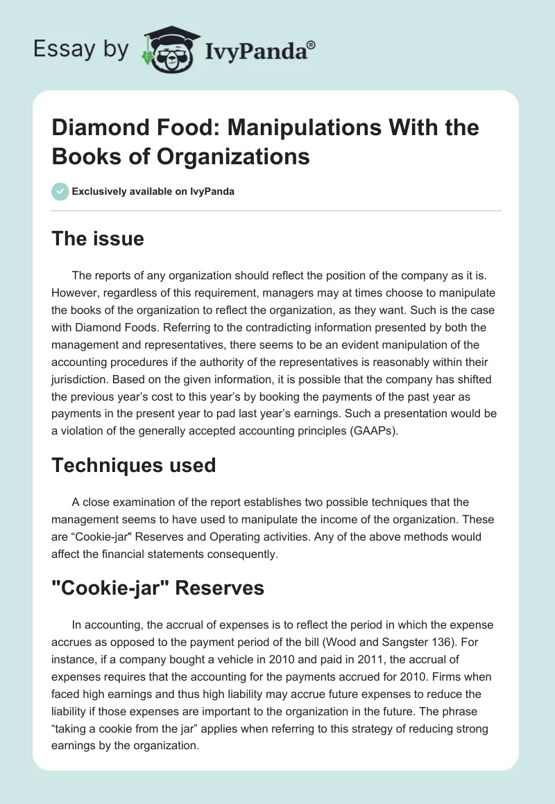 Diamond Food: Manipulations With the Books of Organizations. Page 1