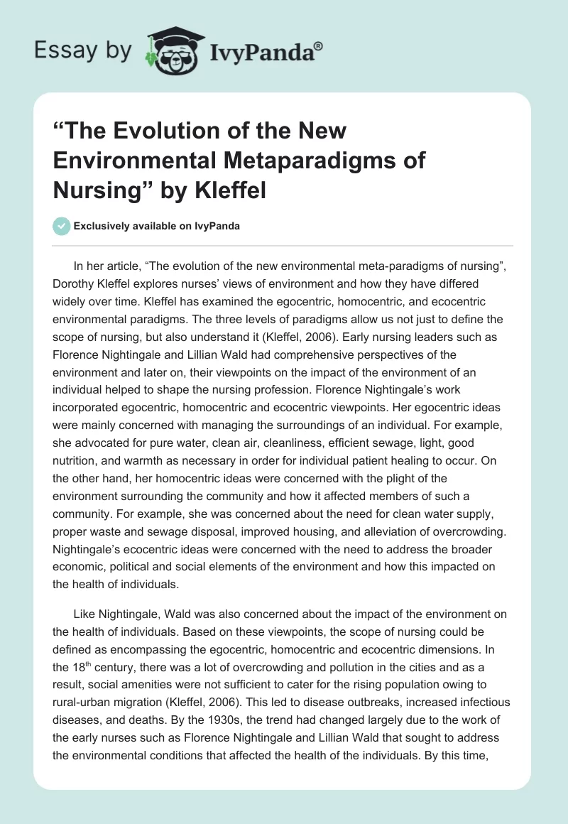 “The Evolution of the New Environmental Metaparadigms of Nursing” by Kleffel. Page 1