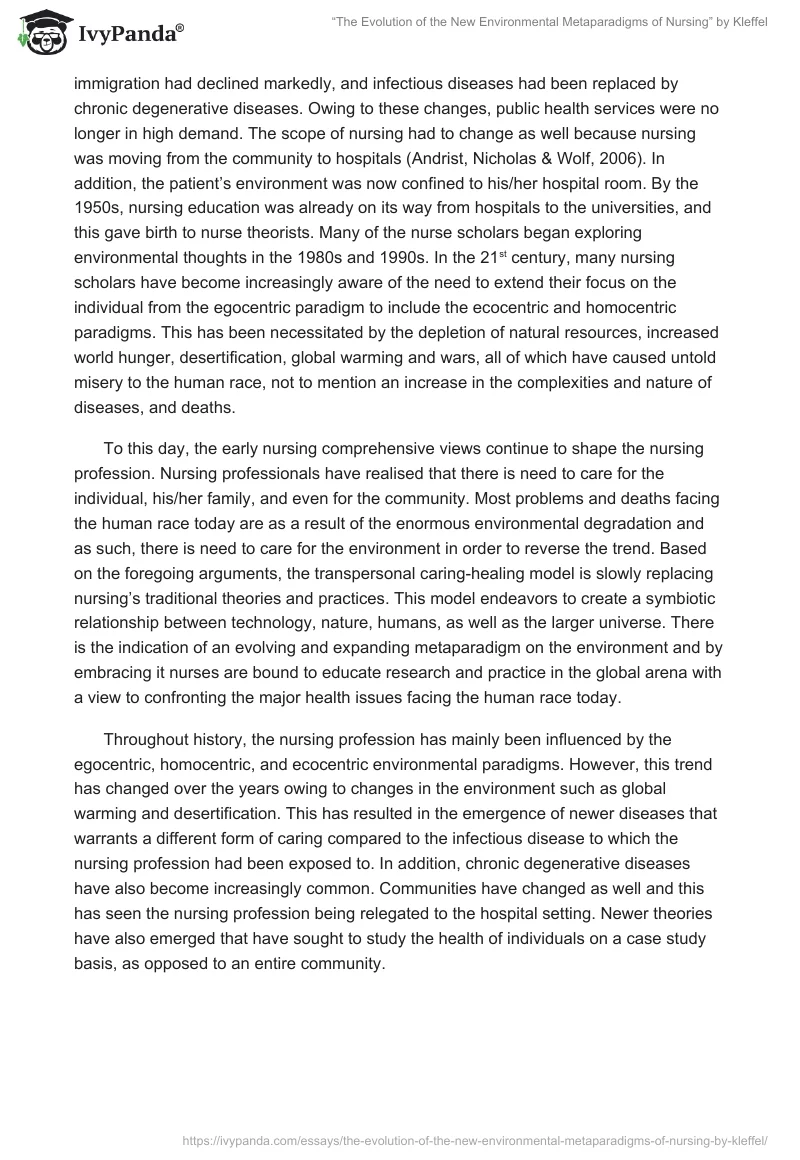 “The Evolution of the New Environmental Metaparadigms of Nursing” by Kleffel. Page 2