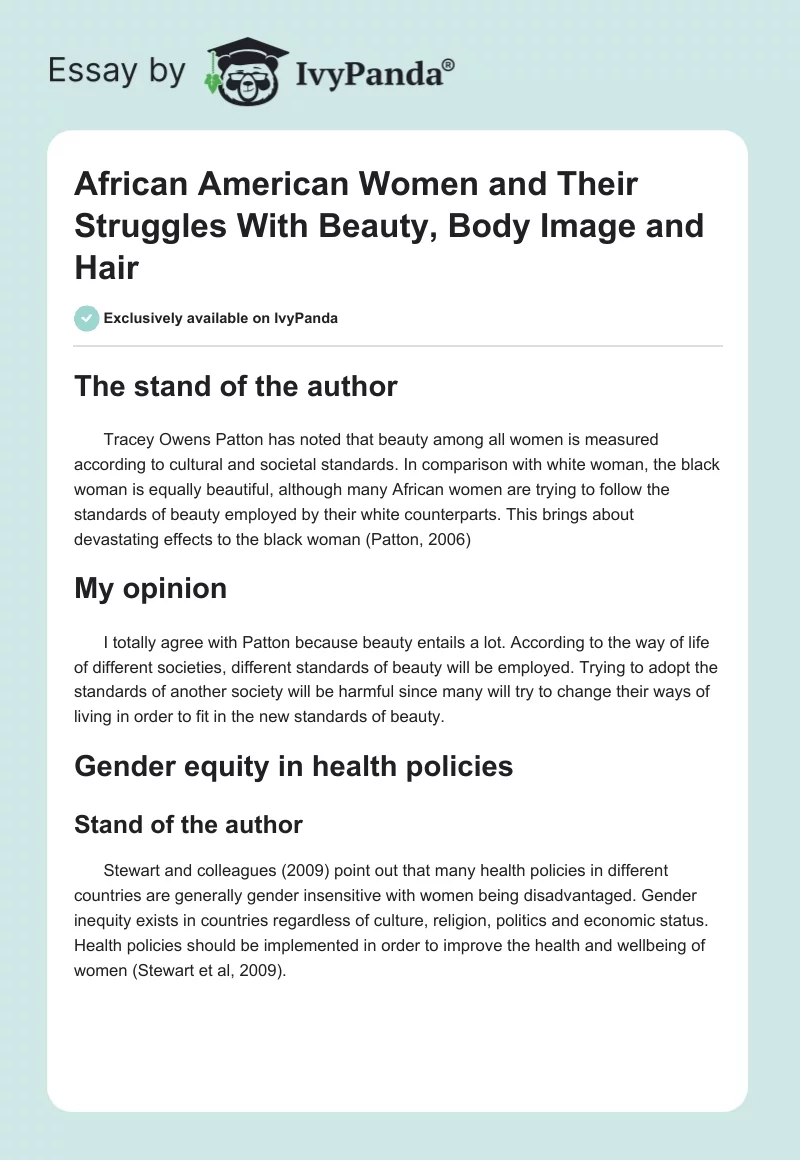 African American Women and Their Struggles With Beauty, Body Image and Hair. Page 1