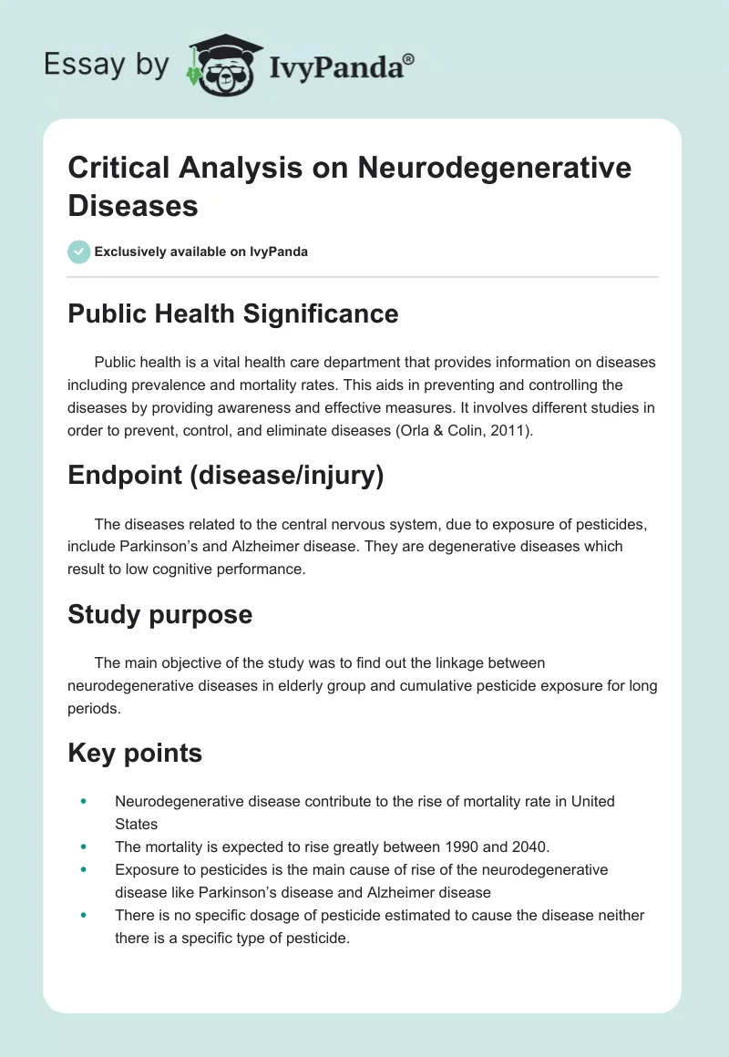 Critical Analysis on Neurodegenerative Diseases. Page 1