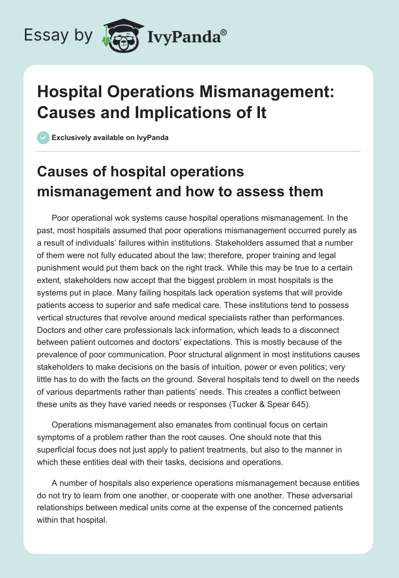 Hospital Operations Mismanagement: Causes and Implications of It. Page 1