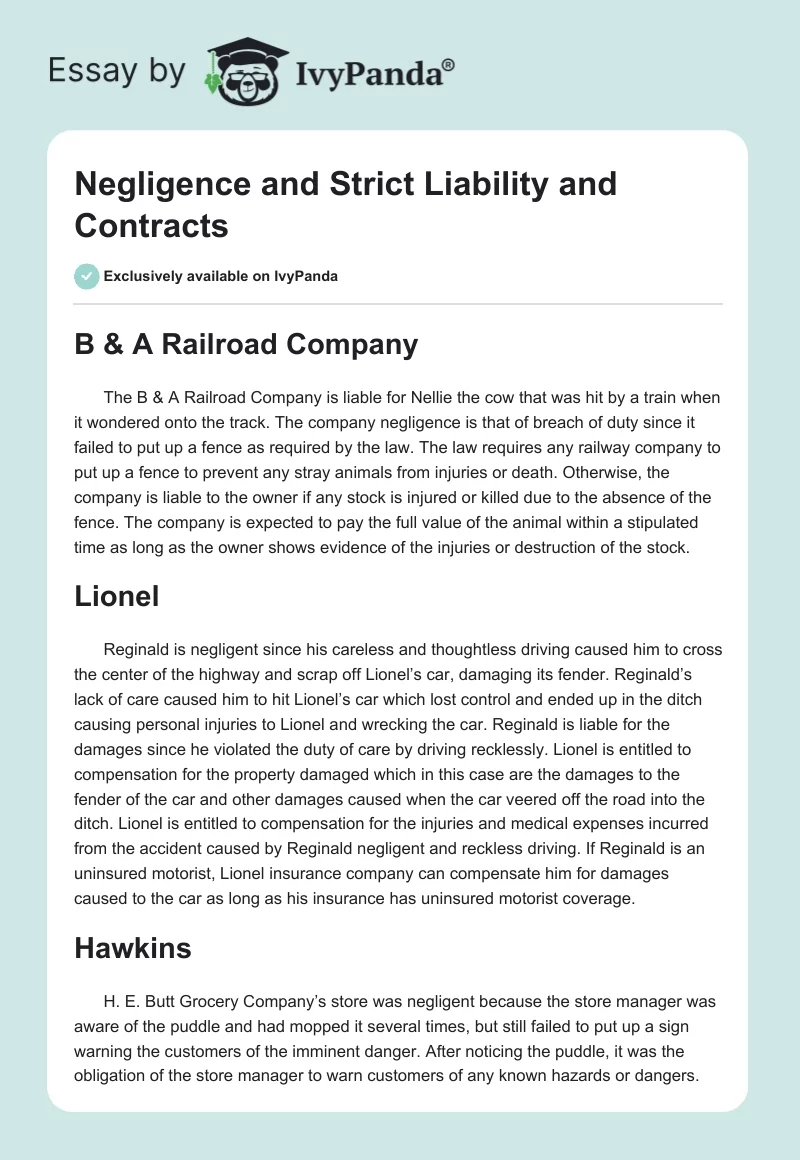 Negligence and Strict Liability and Contracts. Page 1