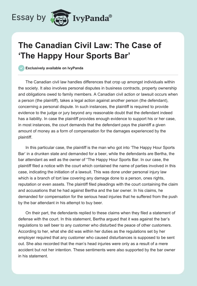 The Canadian Civil Law: The Case of ‘The Happy Hour Sports Bar’. Page 1
