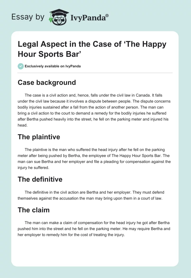 Legal Aspect in the Case of ‘The Happy Hour Sports Bar’. Page 1