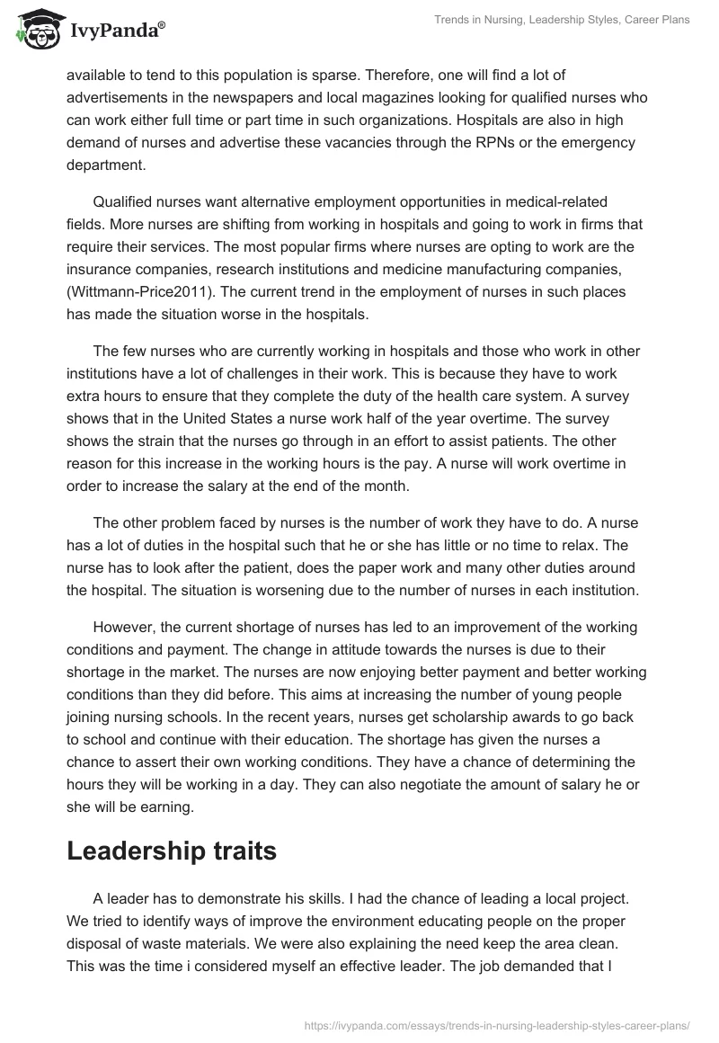 Trends in Nursing, Leadership Styles, Career Plans. Page 3