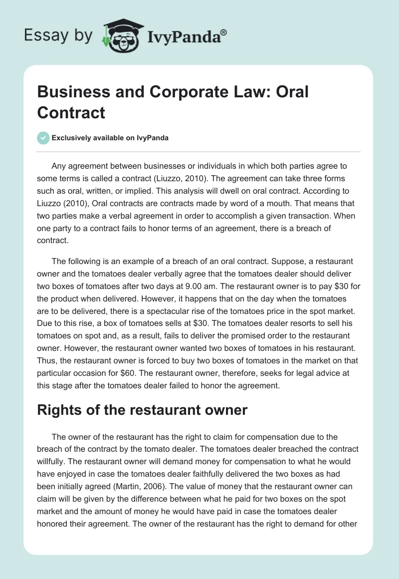 Business and Corporate Law: Oral Contract. Page 1