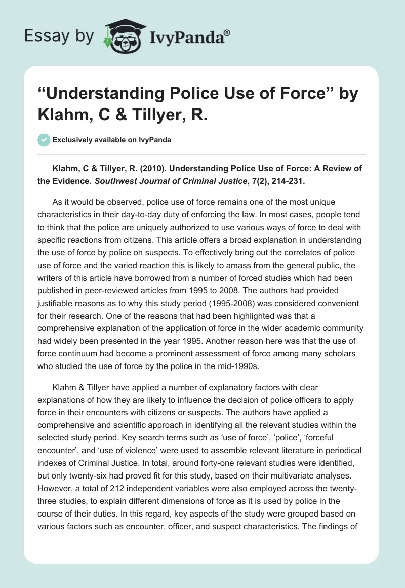 “Understanding Police Use of Force” by Klahm, C & Tillyer, R.. Page 1