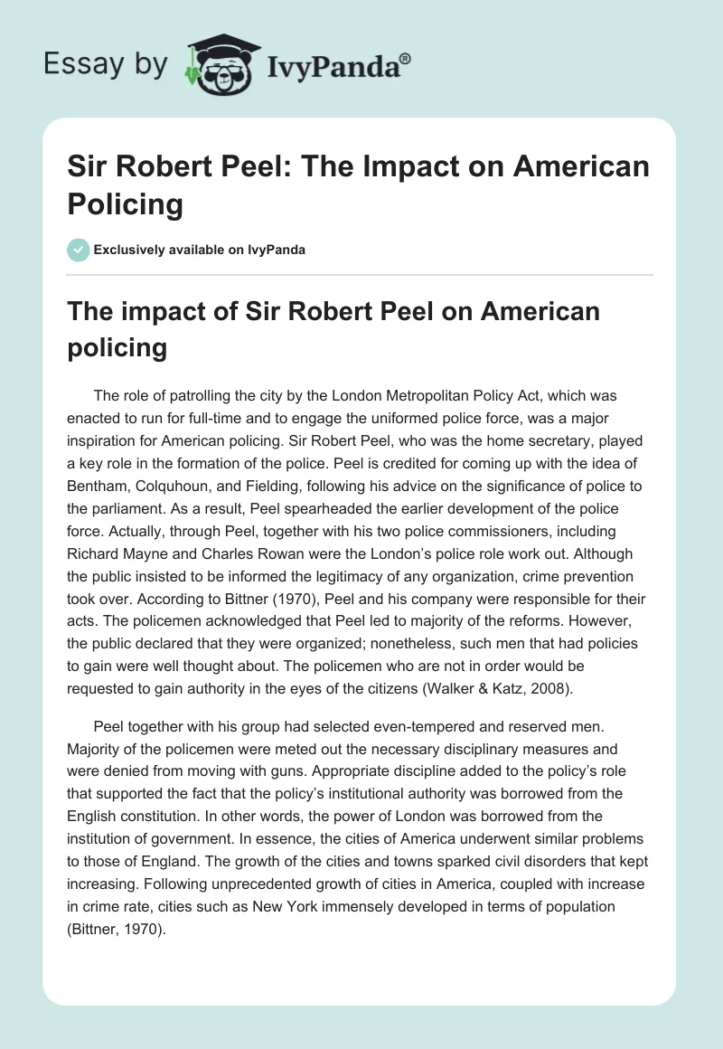 Sir Robert Peel: The Impact on American Policing. Page 1