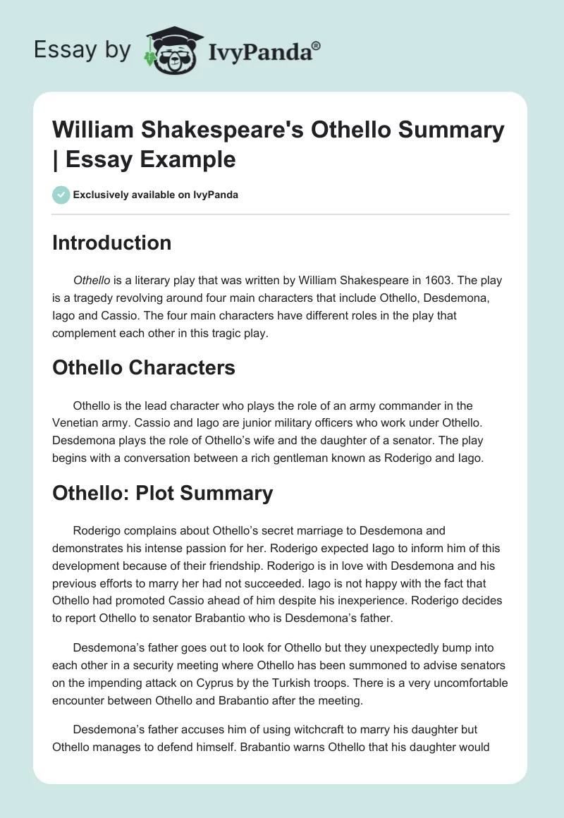 William Shakespeare's Othello Summary | Essay Example. Page 1