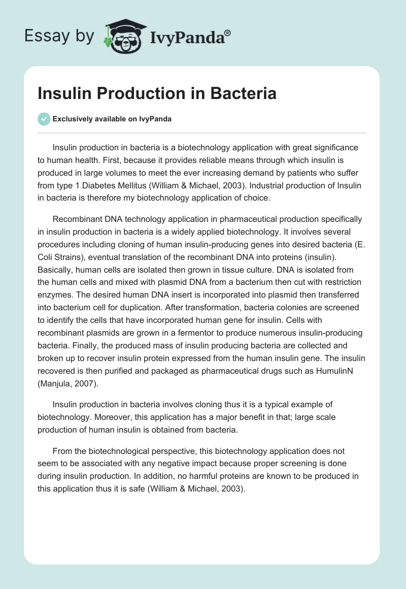 Insulin Production in Bacteria. Page 1
