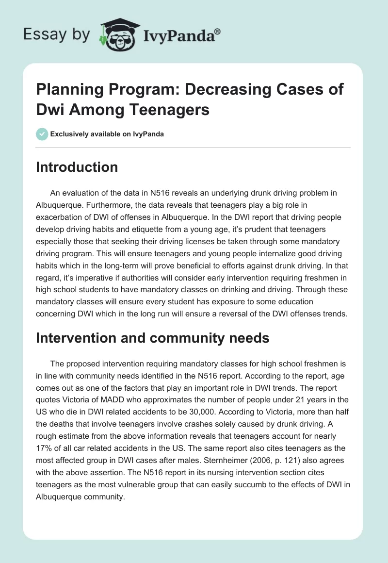 Planning Program: Decreasing Cases of DWI Among Teenagers. Page 1