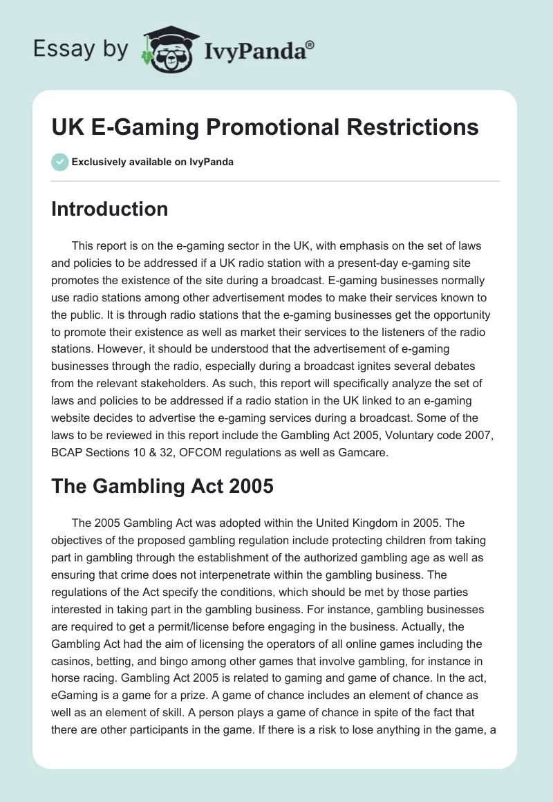 UK E-Gaming Promotional Restrictions. Page 1
