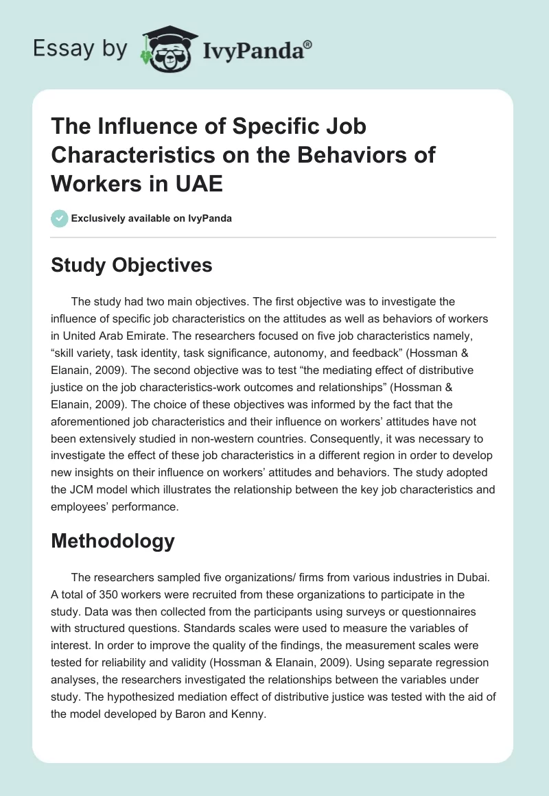 The Influence of Specific Job Characteristics on the Behaviors of Workers in UAE. Page 1