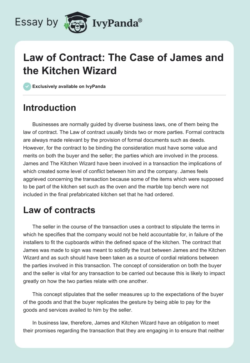Law of Contract: The Case of James and the Kitchen Wizard. Page 1