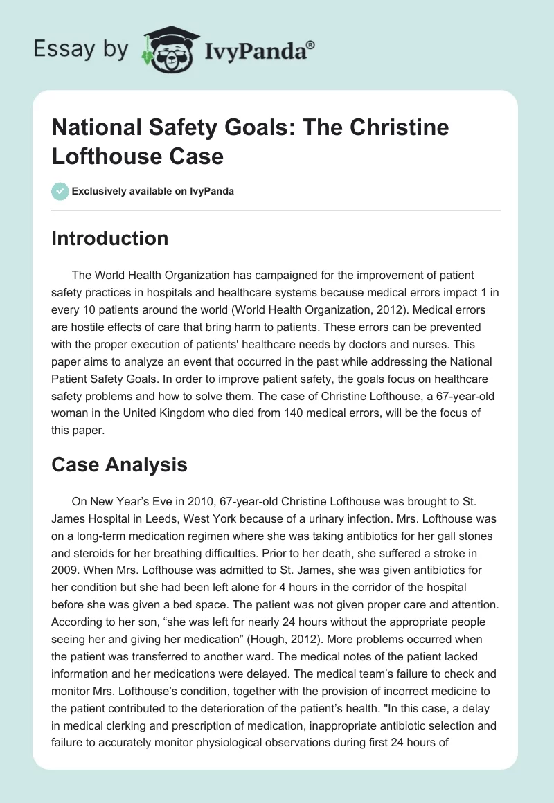 National Safety Goals: The Christine Lofthouse Case. Page 1