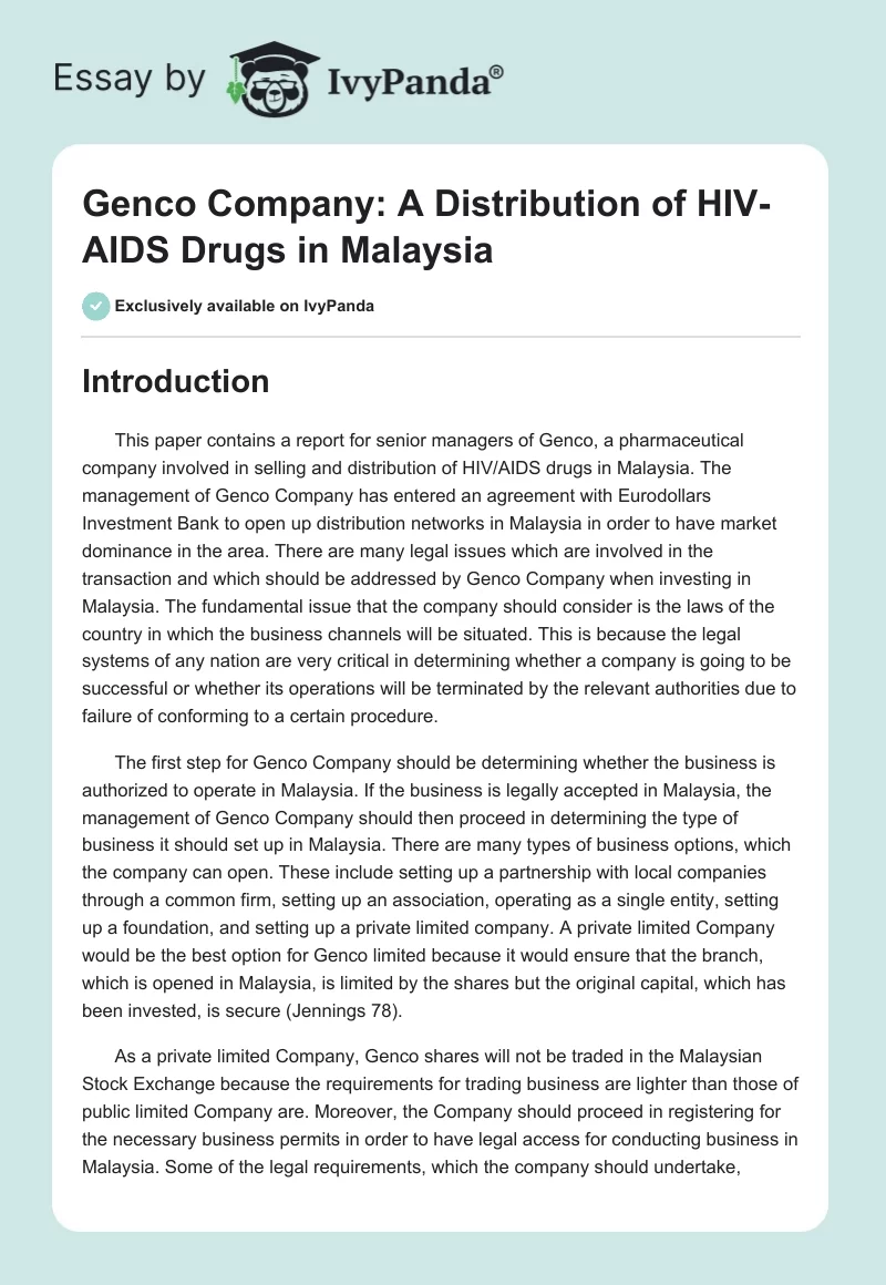 Genco Company: A Distribution of HIV-AIDS Drugs in Malaysia. Page 1