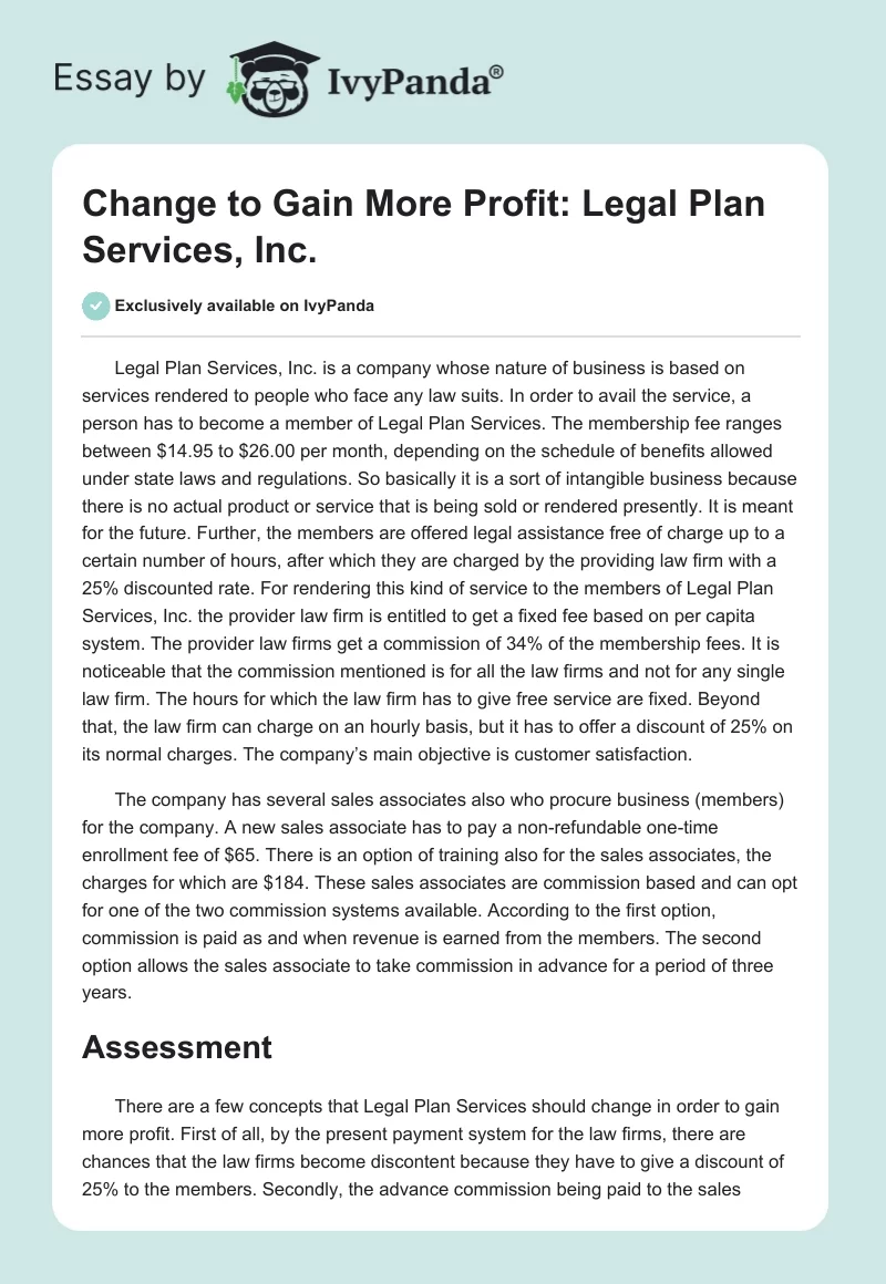 Change to Gain More Profit: Legal Plan Services, Inc.. Page 1