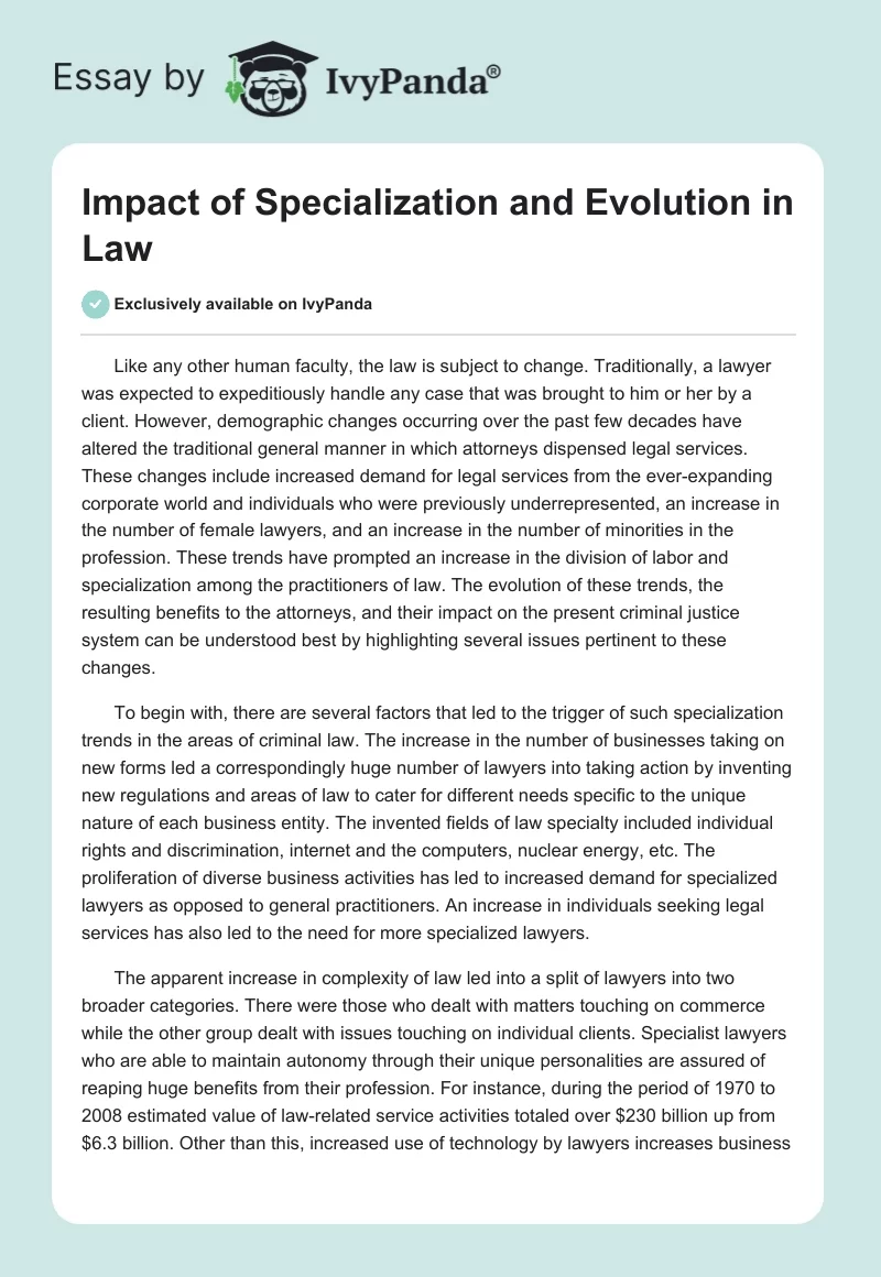 Impact of Specialization and Evolution in Law. Page 1