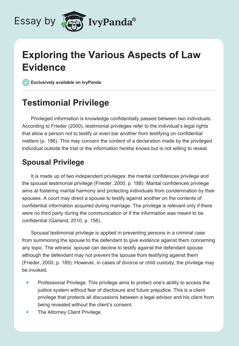 Exploring the Various Aspects of Law Evidence. Page 1