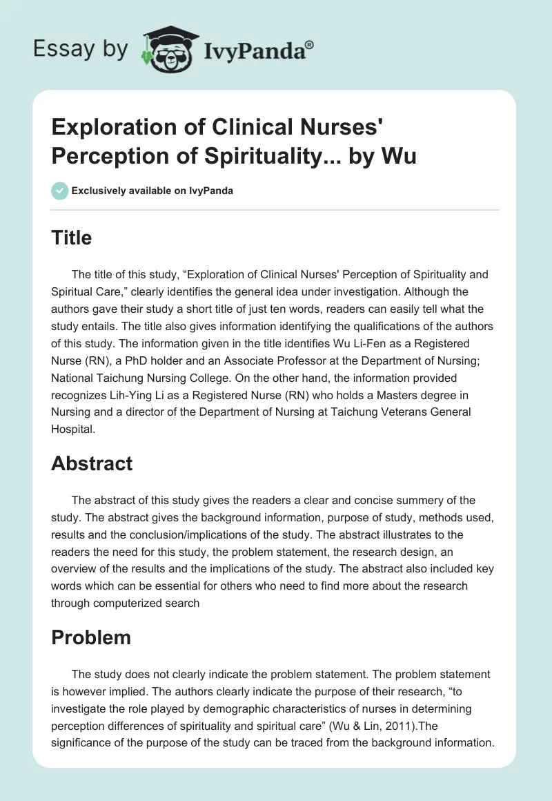 "Exploration of Clinical Nurses' Perception of Spirituality..." by Wu. Page 1