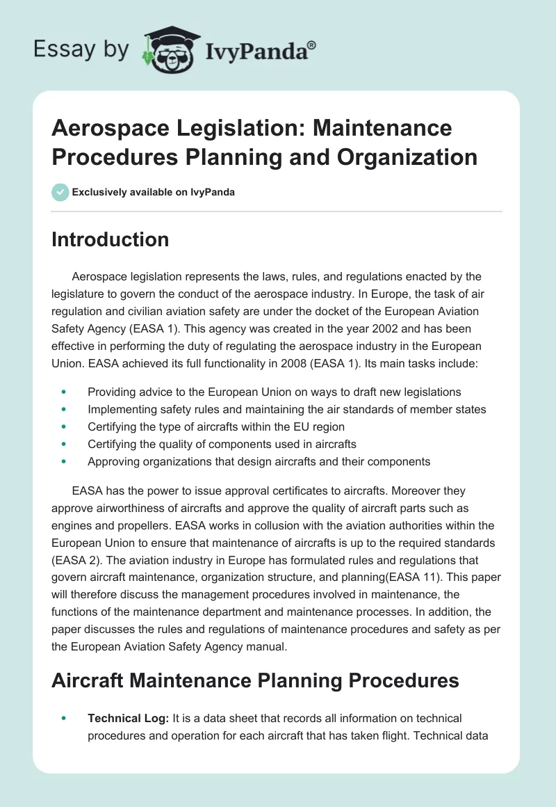 Aerospace Legislation: Maintenance Procedures Planning and Organization. Page 1