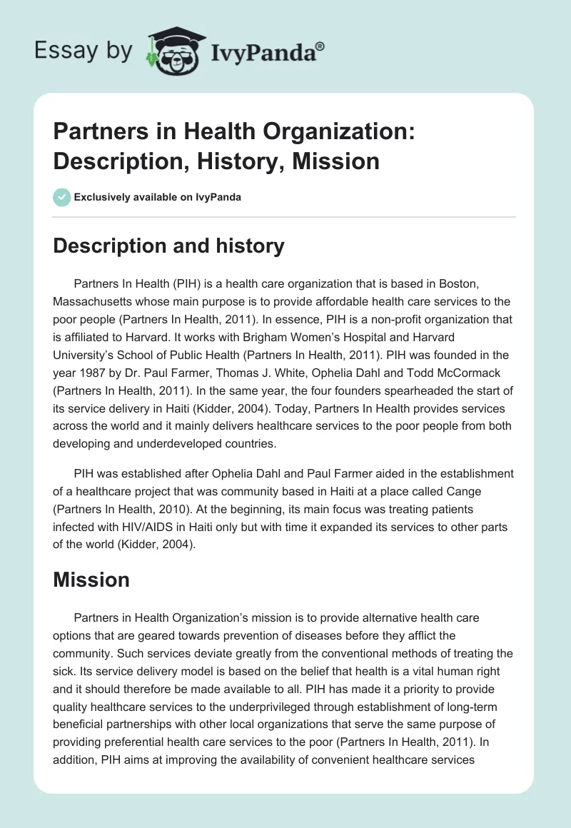 Partners in Health Organization: Description, History, Mission. Page 1
