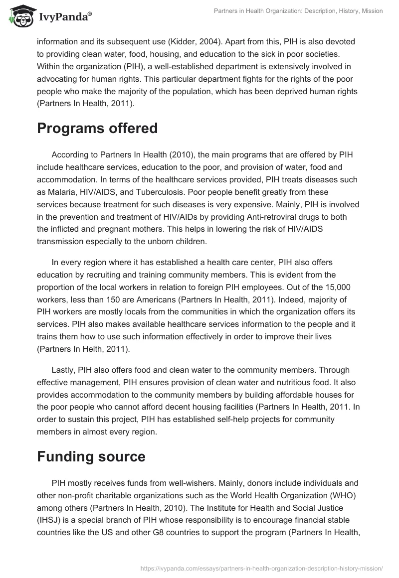 Partners in Health Organization: Description, History, Mission. Page 2