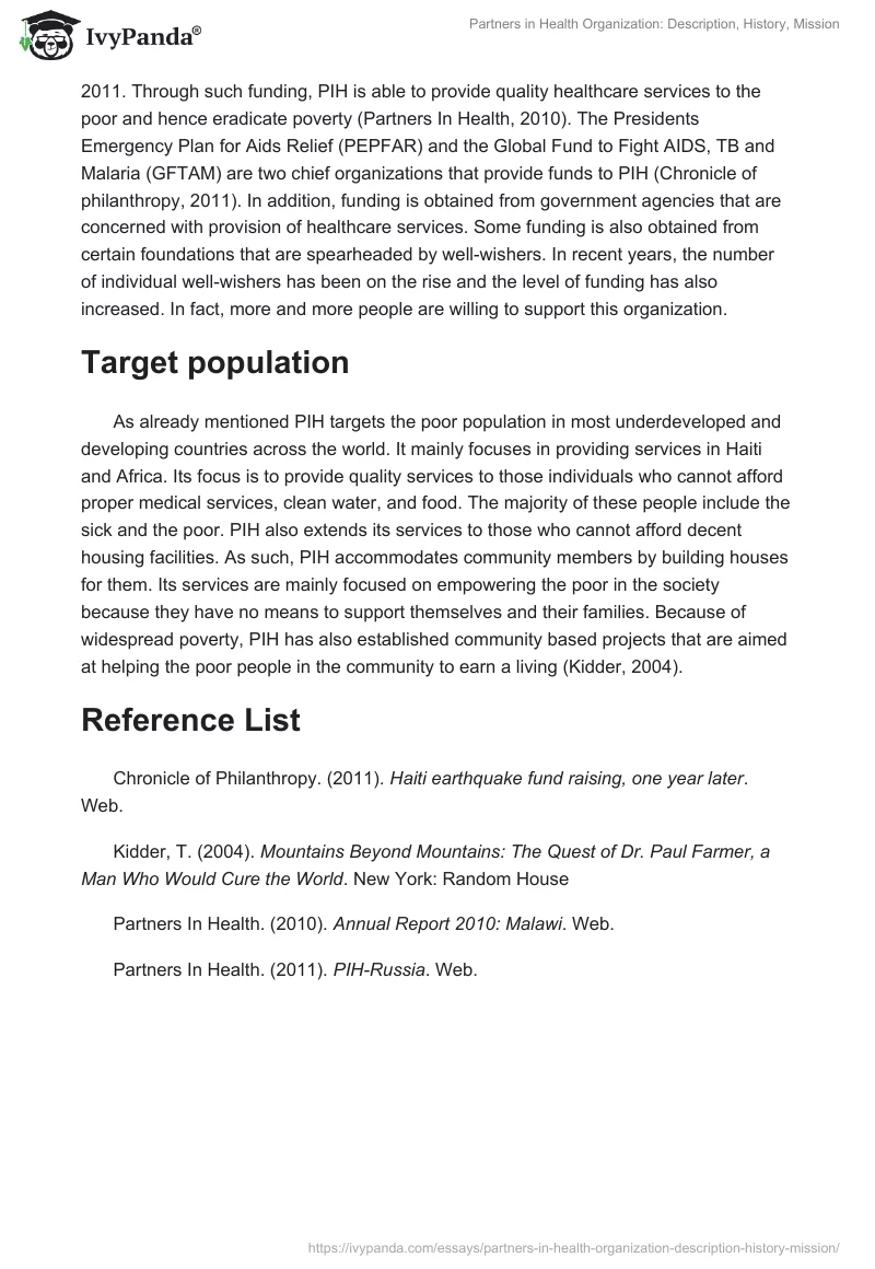 Partners in Health Organization: Description, History, Mission. Page 3