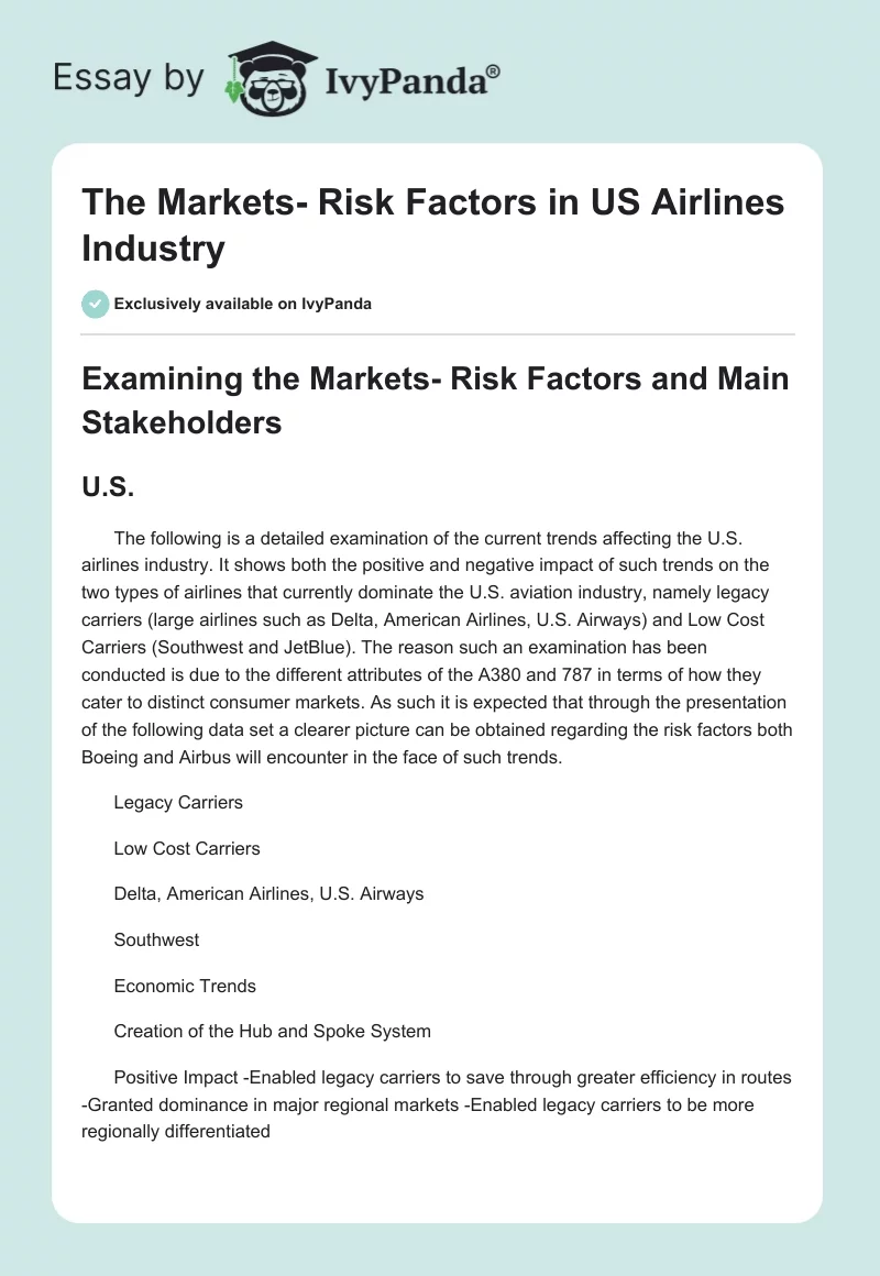 The Markets- Risk Factors in US Airlines Industry. Page 1