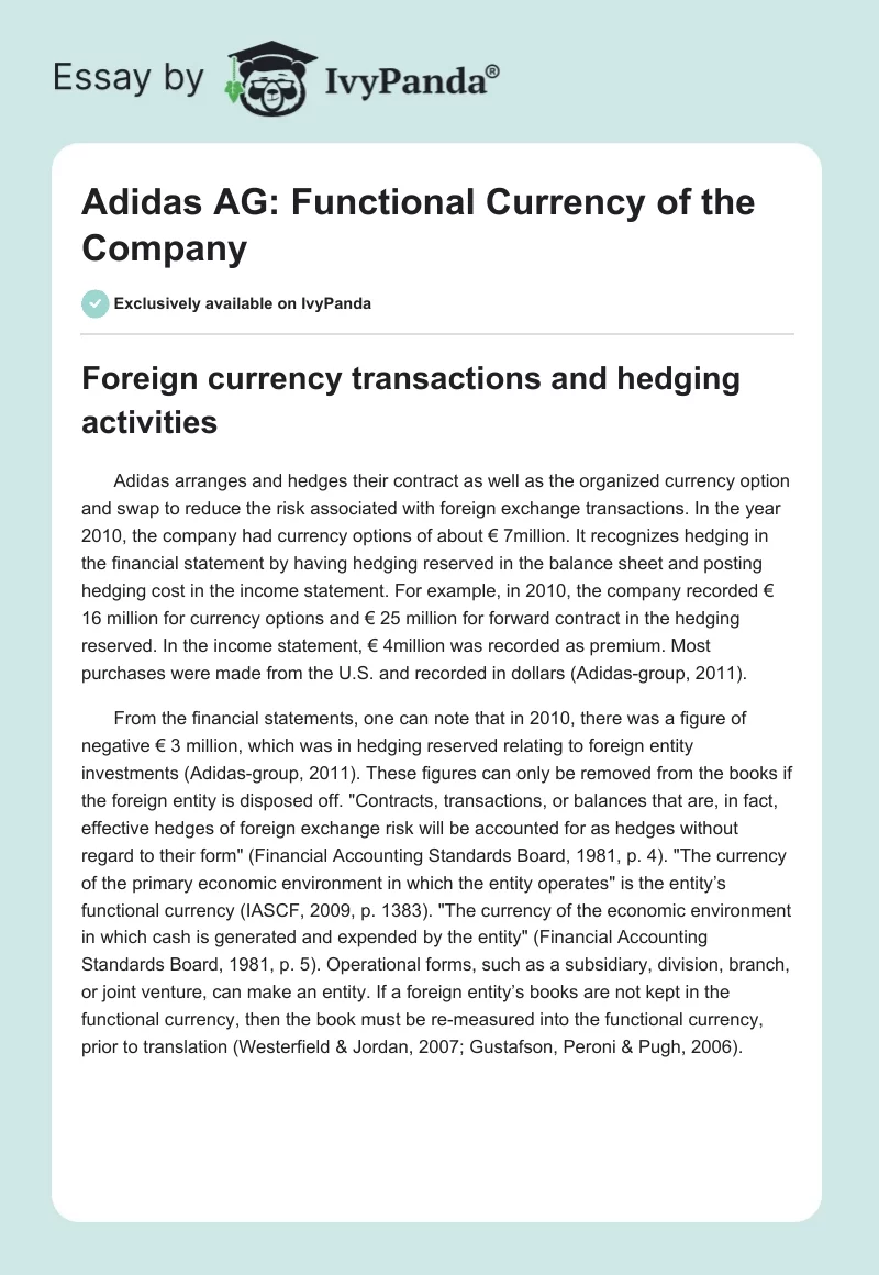 Adidas AG: Functional Currency of the Company. Page 1