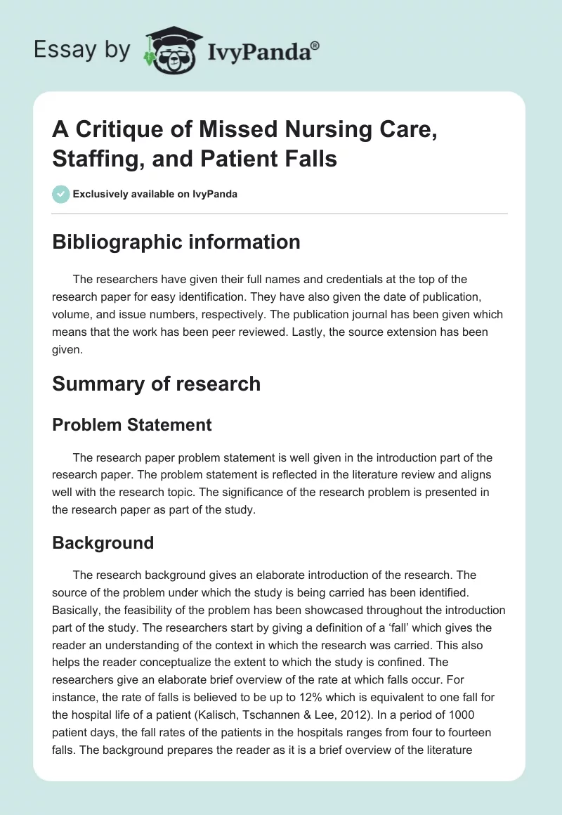 A Critique of Missed Nursing Care, Staffing, and Patient Falls. Page 1
