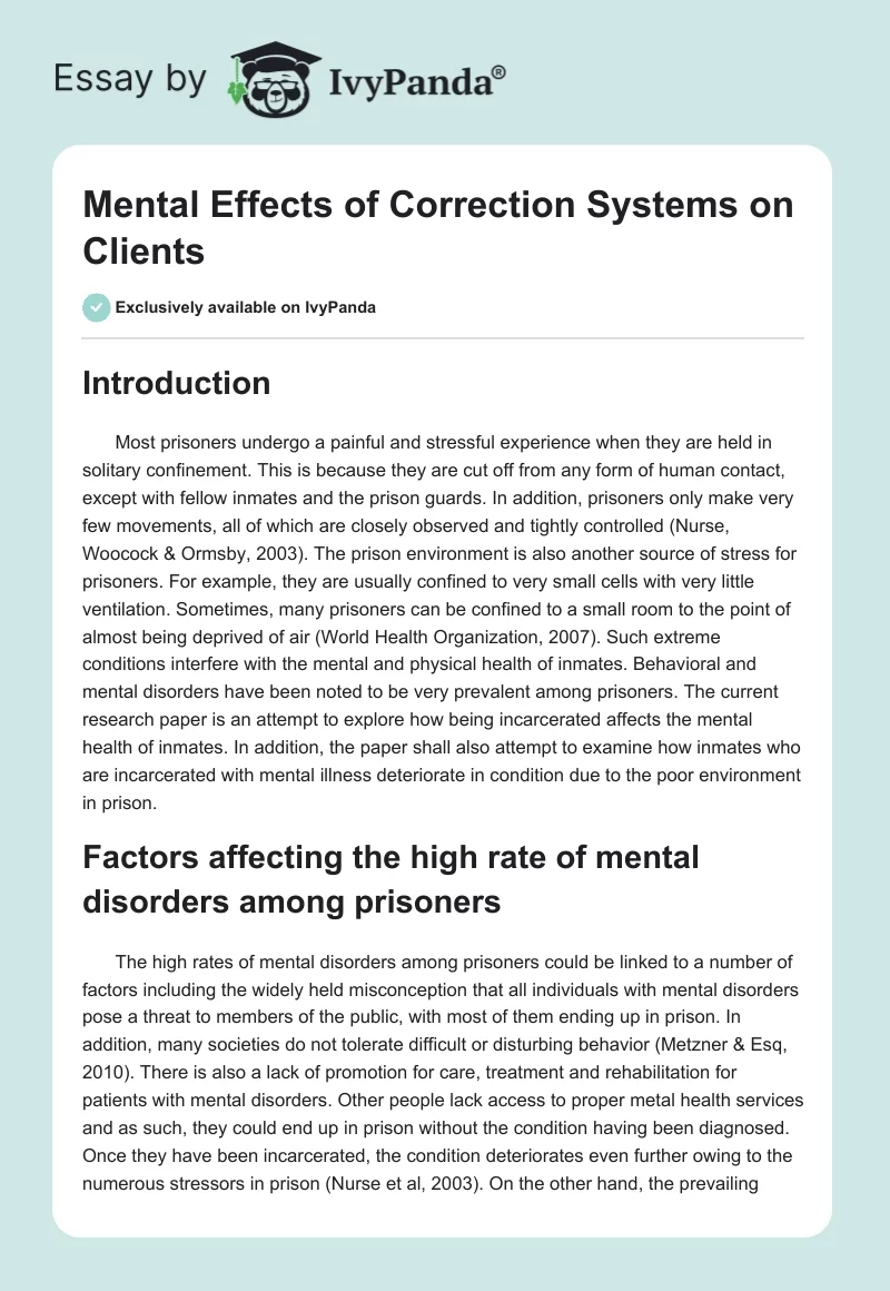 Mental Effects of Correction Systems on Clients. Page 1