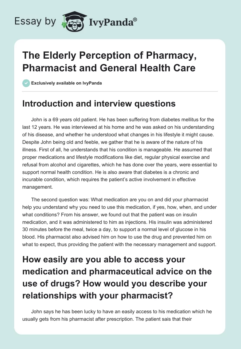 The Elderly Perception of Pharmacy, Pharmacist and General Health Care. Page 1