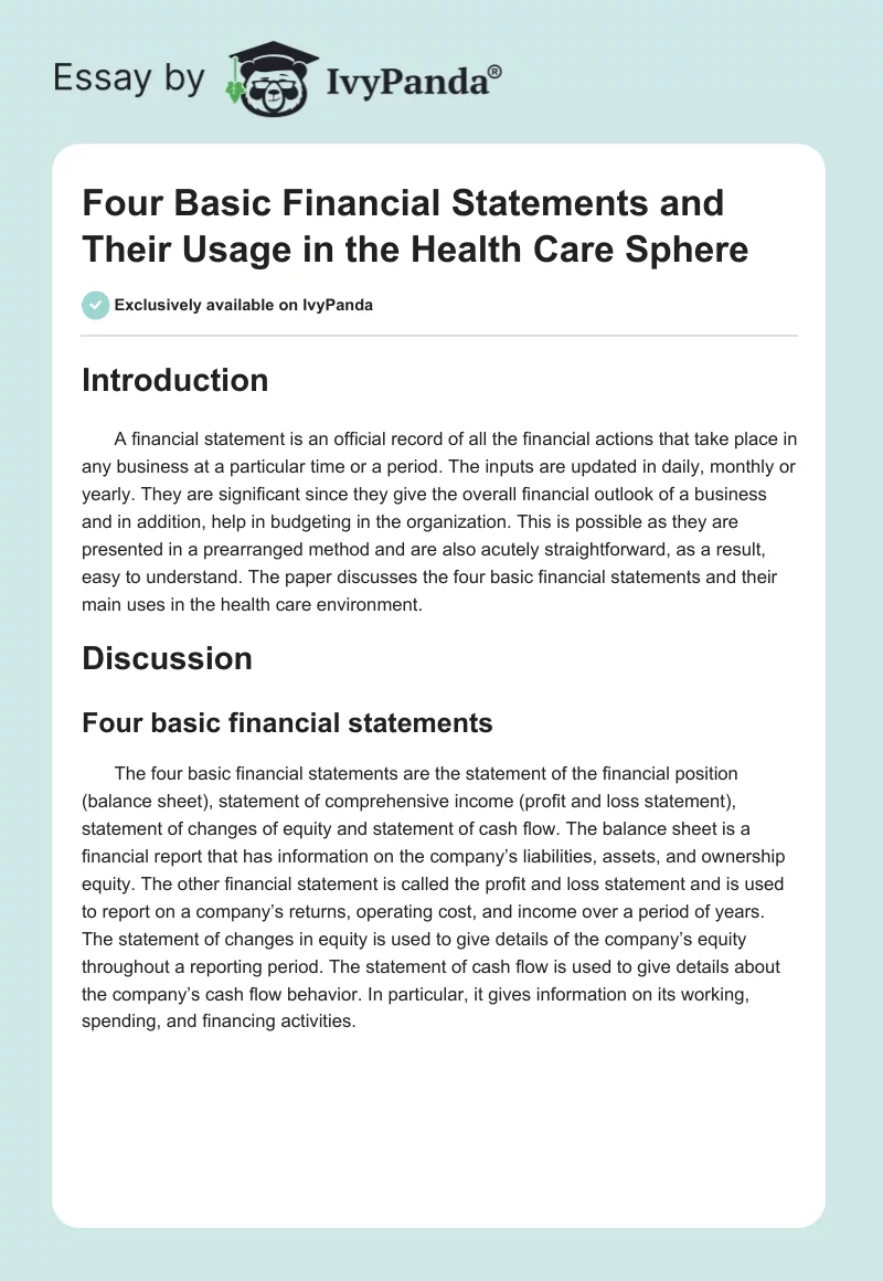 Four Basic Financial Statements and Their Usage in the Health Care Sphere. Page 1