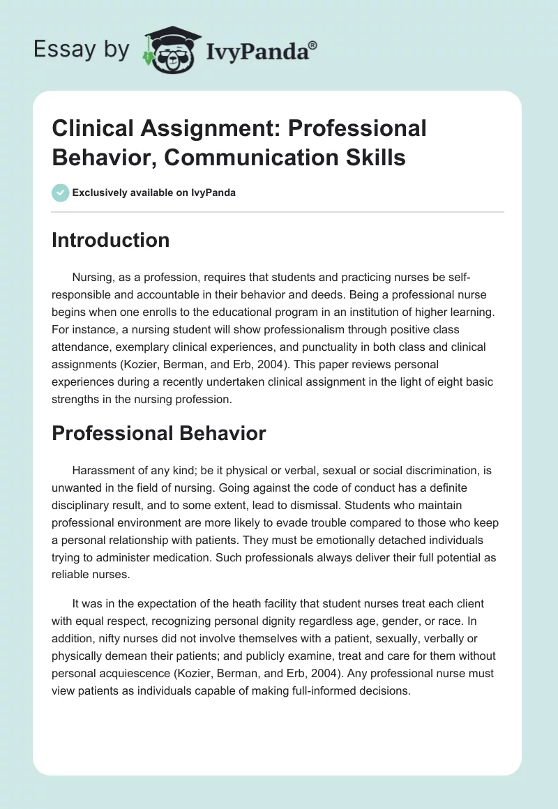 Clinical Assignment: Professional Behavior, Communication Skills. Page 1